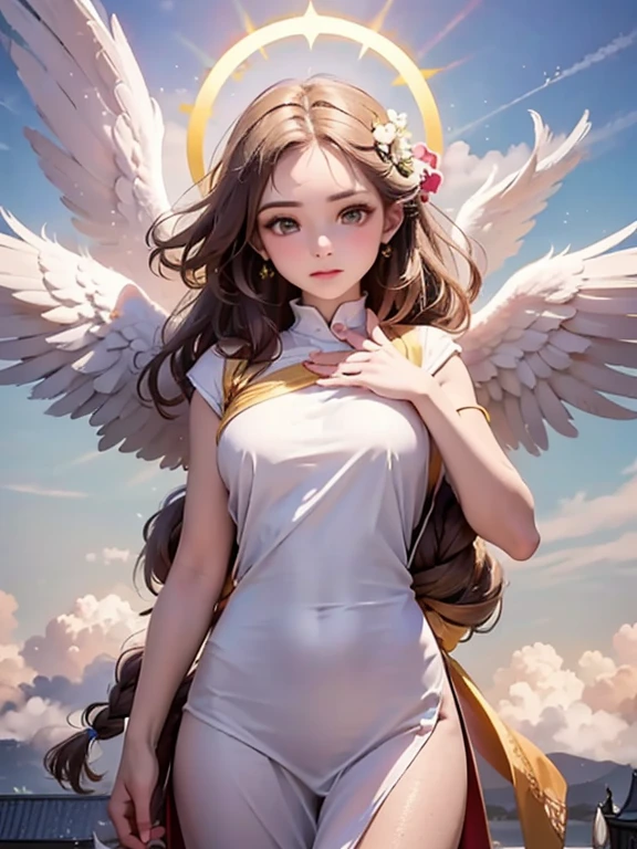 masterpiece, highest quality, Very detailed, 16k, Ultra-high resolution, Cowboy Shot, One 12-year-old girl, Detailed face, Perfect Fingers, Angel halo on head, Golden Eyes, Blonde, Braid, Thin and light clothing, Angel wings growing on the back, Above the Clouds, temple, Fantastic landscape, Flying on angel wings