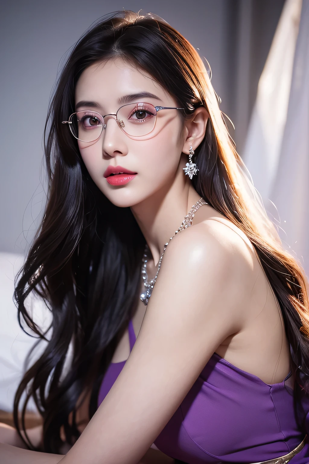 Top CG, Highest image quality, masterpiece, Gentle and beautiful girl, (185cm美女), (fit), Imperial sister, Queen temperament, White skin, ((Long legs)), perfect facial features, Bright Eyes, Seductive pose, Red lips, Beautiful and cold (A major breakthrough)), Beautiful and heroic, Soft and long hair, Glittering, Lace, net, Visible through clear skin, wear glasses, diamond earrings, ruby neckLace, (Purple dress), 8K Image Quality, (Realistic Portraits), Characters fill the screen, (Facial lighting), ((eternal)
