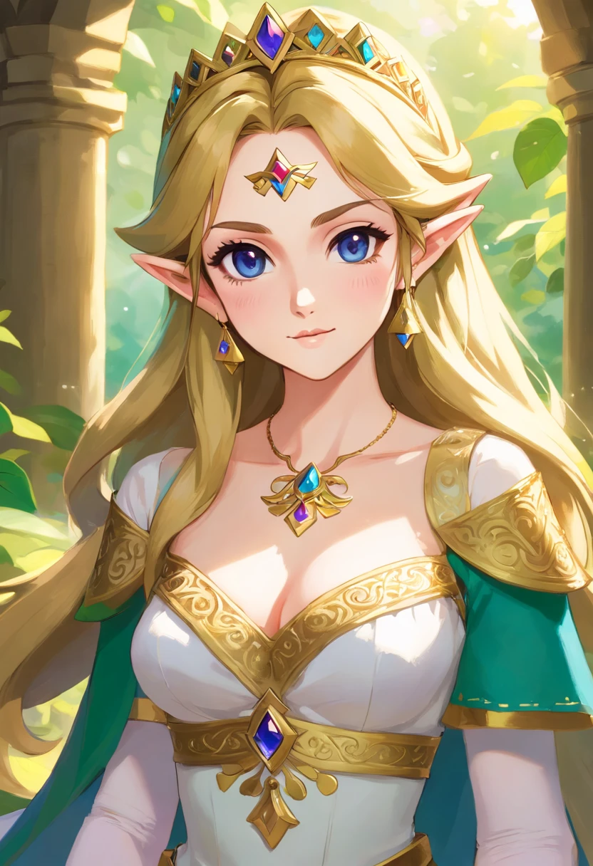 erotic princess Zelda,colossal breasts,very detailed eyes and face,beautiful detailed lips,sexy outfit,noble and regal posture,soft lighting,impressive cleavage,(oil painting:1.1),vivid colors,sensual atmosphere,fantasy setting,enchanted garden,subtle and alluring facial expression,sculpted body,glamorous makeup,delicate jewelry,ethereal background,immaculate hair,elaborate tiara,mysterious gaze,impeccable skin complexion,mesmerizing curves,dream-like ambiance,high-res details,powerful and confident aura.