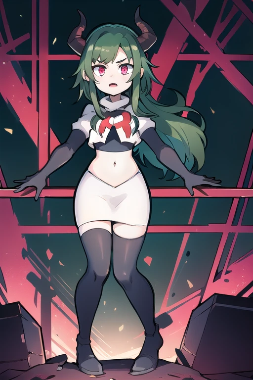 masterpiece, 1girl, simmer, green skin, colored skin, green hair, red eyes, horns, team rocket,team rocket uniform,white skirt,red letter R,crop top,black thigh-highs,black elbow gloves