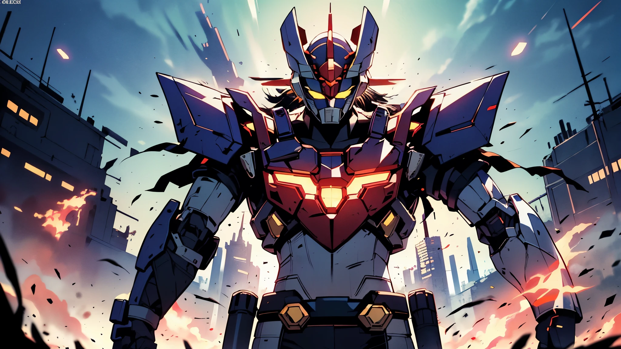 A man wearing a full-face helmet, a fantasy-style biotech armored combat suit, green eyes, (a composite layered chest armor), fully enclosed shoulder guards, matching arm and leg guards, the belt is adorned with Z mark, (the color scheme is primarily white with red and blue accents), the design balances heavy with agility, a high-tech bio-mecha armor, (Armor Concept Inspired by Mazinger Z, stand on the top of a skyscraper in a futuristic sci-fi city), this character embodies a finely crafted fantasy-surreal style armored hero in anime style, exquisite and mature manga art style, (battle damage, element, plasma, energy, the armor glows), ((male:1.5)), metallic, real texture material, dramatic, high definition, best quality, highres, ultra-detailed, ultra-fine painting, extremely delicate, professional, perfect body proportions, golden ratio, anatomically correct, symmetrical face, extremely detailed eyes and face, high quality eyes, creativity, RAW photo, UHD, 32k, Natural light, cinematic lighting, masterpiece-anatomy-perfect, masterpiece:1.5
