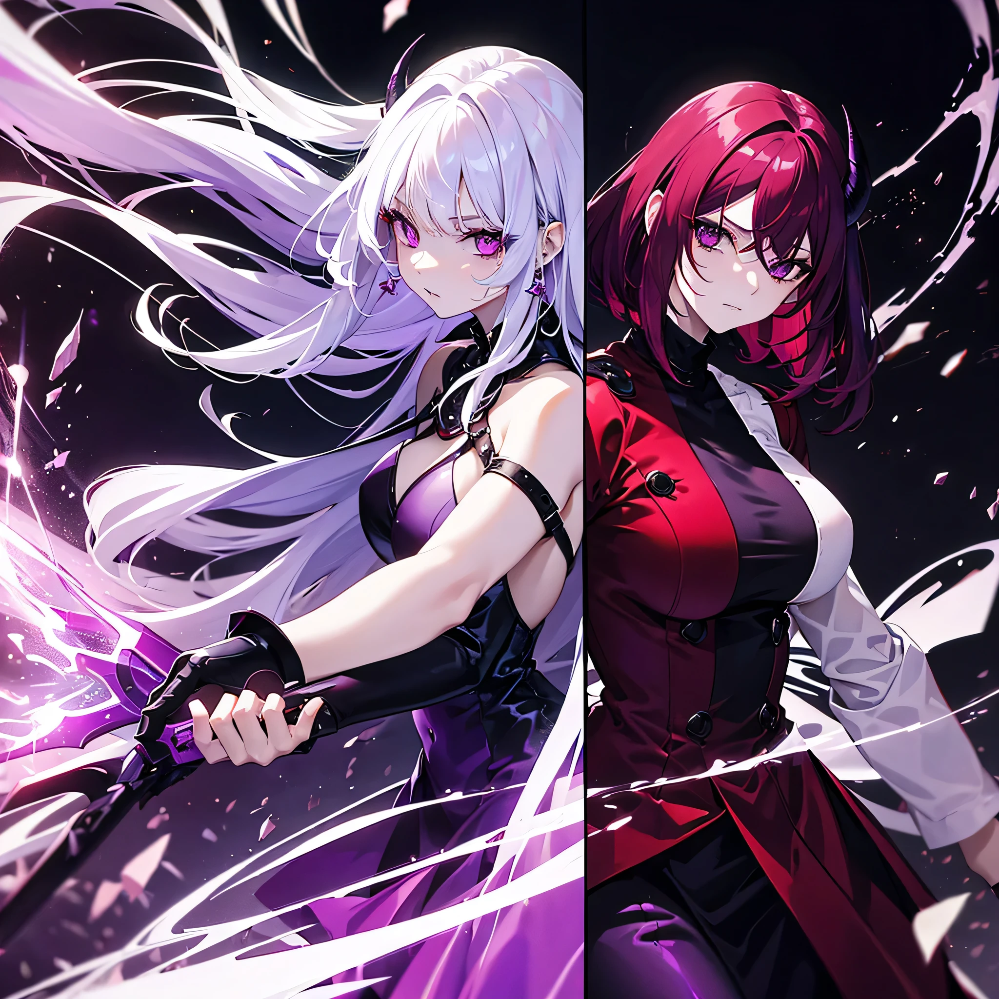 (Two demon woman) red hair demon woman with purple eyes. White hair demon woman with purple eyes.