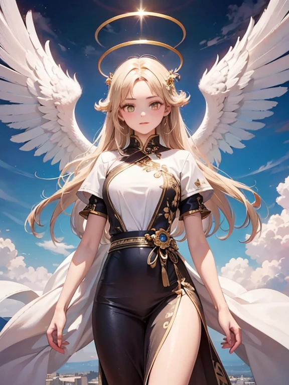 masterpiece, highest quality, Very detailed, 16k, Ultra-high resolution, Cowboy Shot, One ****************, Detailed face, Perfect Fingers, Angel halo on head, Golden Eyes, Blonde, Braid, Thin and light clothing, Angel wings growing on the back, Above the Clouds, temple, Fantastic landscape, Flying on angel wings