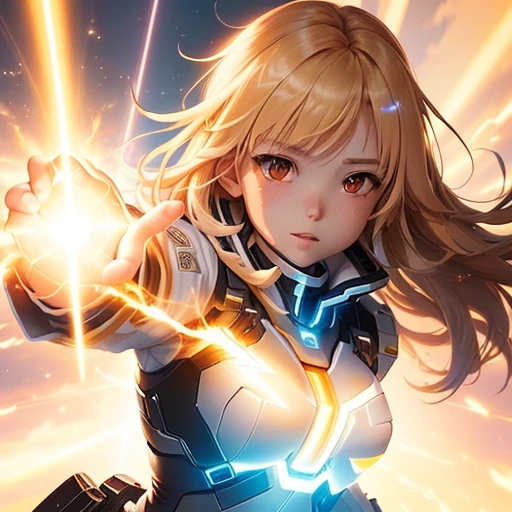a young cute girl holding blinding energy in her hand with a light shining behind her, railgun, female protagonist :8, powering up aura, anime psychic girl of the future, female protagonist, detailed key anime art, she is attracting lightnings, ethereal anime, lightning effect, bare arms