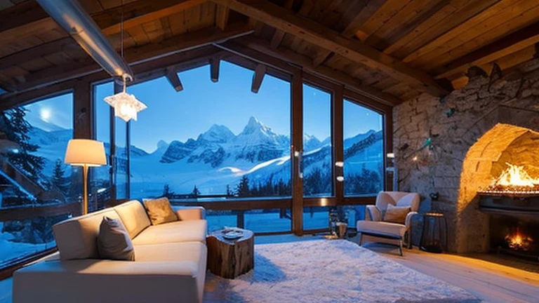 Ice palace: glacier Ice cave office,
Located in the Swiss Alps,
Suite: grotto decorated with ice sculptures and crystals,
Glacier views from open-plan rooms, magical space with glistening icicles,
Facilities: wood-burning stove, reading lamp, sofa, coffee,