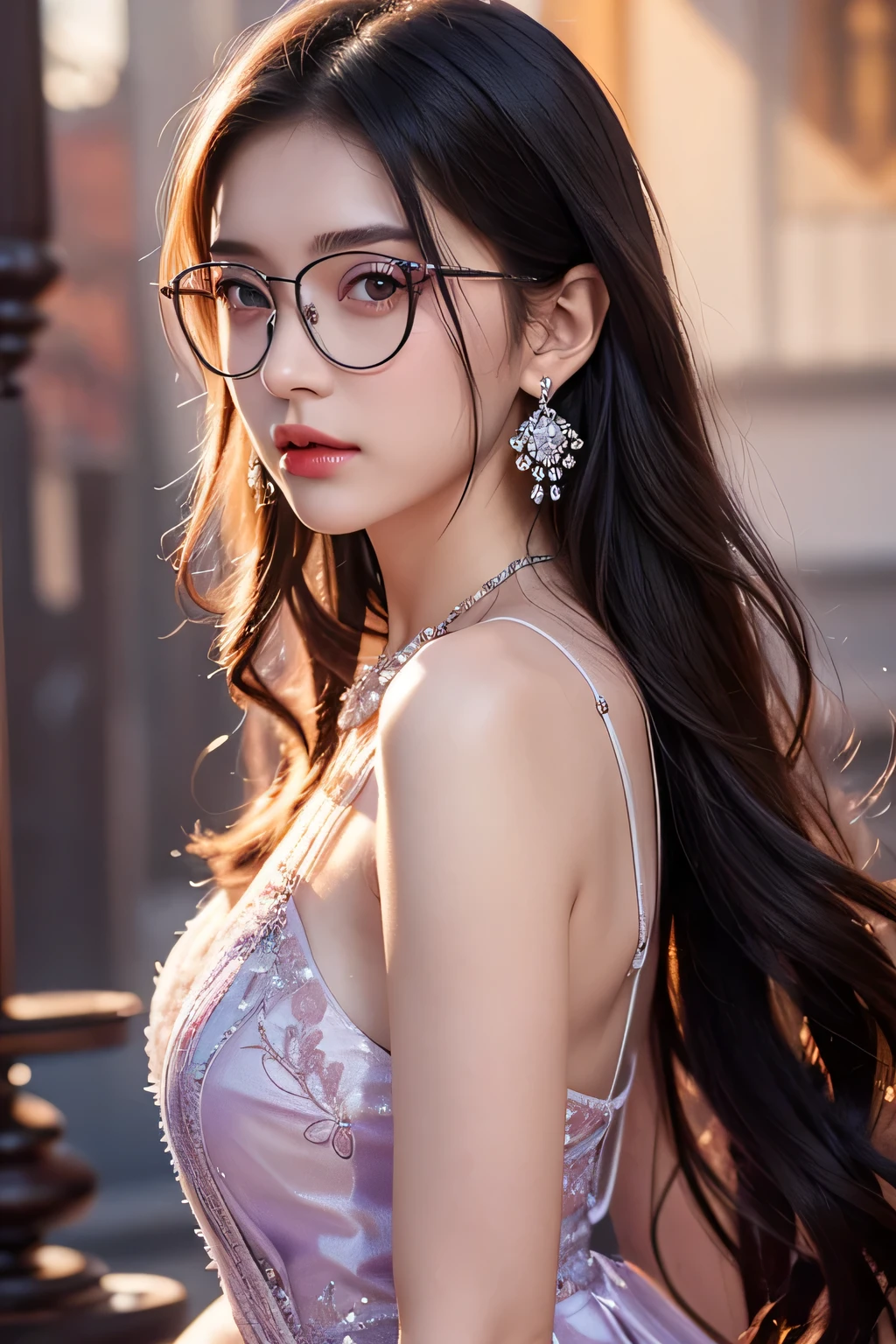 Top CG, Highest image quality, masterpiece, Gentle and beautiful girl, (185cm美女), (fit), Imperial sister, Queen temperament, White skin, ((Long legs)), perfect facial features, Bright Eyes, Seductive pose, Red lips, Beautiful and cold (A major breakthrough)), Beautiful and heroic, Soft and long hair, Glittering, Lace, net, Visible through clear skin, wear glasses, diamond earrings, ruby neckLace, (Purple dress), 8K Image Quality, (Realistic Portraits), Characters fill the screen, (Facial lighting), ((eternal)