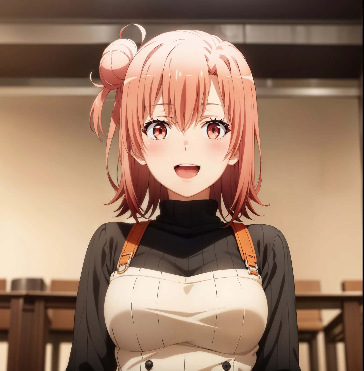 1girl, alone,Yuigahama Yui, short hair, brown eyes, Pink hair, single bun hair,looking at viewer, from the front, pov (from below),(masterpiece:1.2), highest quality, High resolution, unity 8k wallpaper, (beautiful and fine eyes), highly detailed face, full body,perfect lighting, Very detailed CG, (perfect hands, perfect anatomy),blush, smile, open mouth, large breasts, focus breasts, tight clothes, upper body, (black turtleneck, knit sweater), Cafe Background, blur the background, perfect hands, perfect anatomy