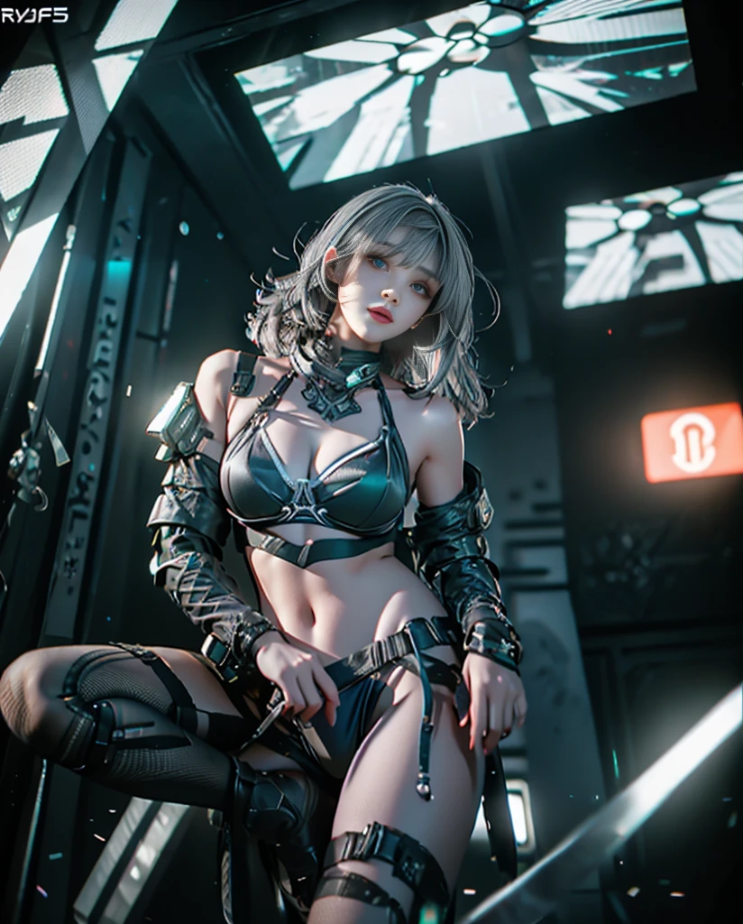 masterpiece,Game Art,Best image quality,Highest Resolution,8k,(Portraiture),Unreal Engine 5 rendering,(Digital photography),((Portraiture Feature:1.5)),
20-year-old girl,Short Hair Details,Long Bangs,(The red eye makeup is very careful),(of long gray hair:1.4),(big, Ample breasts),Elegant and noble,Brave and attractive, Future Warrior,cyberpunk figures,war background,
Cinema Lighting,Ray Tracing,Game CG,((3D Unreal Engine)),OC Rendering Reflective Pattern, Bikini Armor, whole body