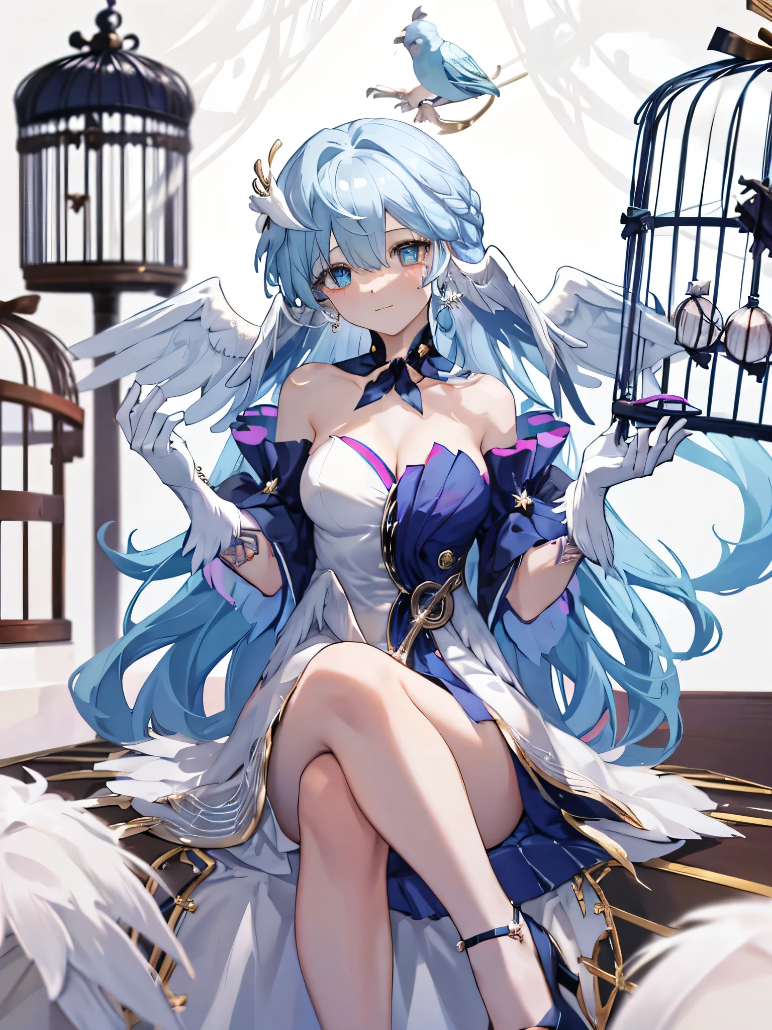 robin, 1girl, solo, long hair, dress, gloves, high heels, wings, white gloves, sitting, white dress, halo, bare shoulders, smile, cup, breasts, looking at viewer, holding, full body, holding cup, blue footwear, very long hair, bangs, white background, jewelry, angel, earrings, closed mouth, cleavage, angel wings, off shoulder, simple background, drinking glass, hair between eyes, strapless dress, medium breasts, strapless, feathered wings, elbow gloves, white wings,(She is trapped in a birdcage:1.5),in a birdcage