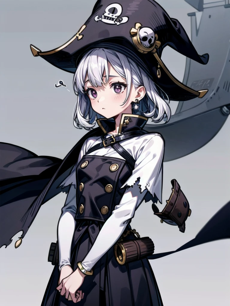 (Practical pirate clothing), Long-sleeved pirate top, Skirt, torn pirate hat, absurdres, RAW photo, extremely delicate and beautiful, masterpiece, Best Quality, ultra high resolution, 32k, hyperrealistic, ultra-detailed, detailed description, pale skin, 20 years old, tearful mole, earring, big tits, short medium hair, wavy hair, whole body shot,
