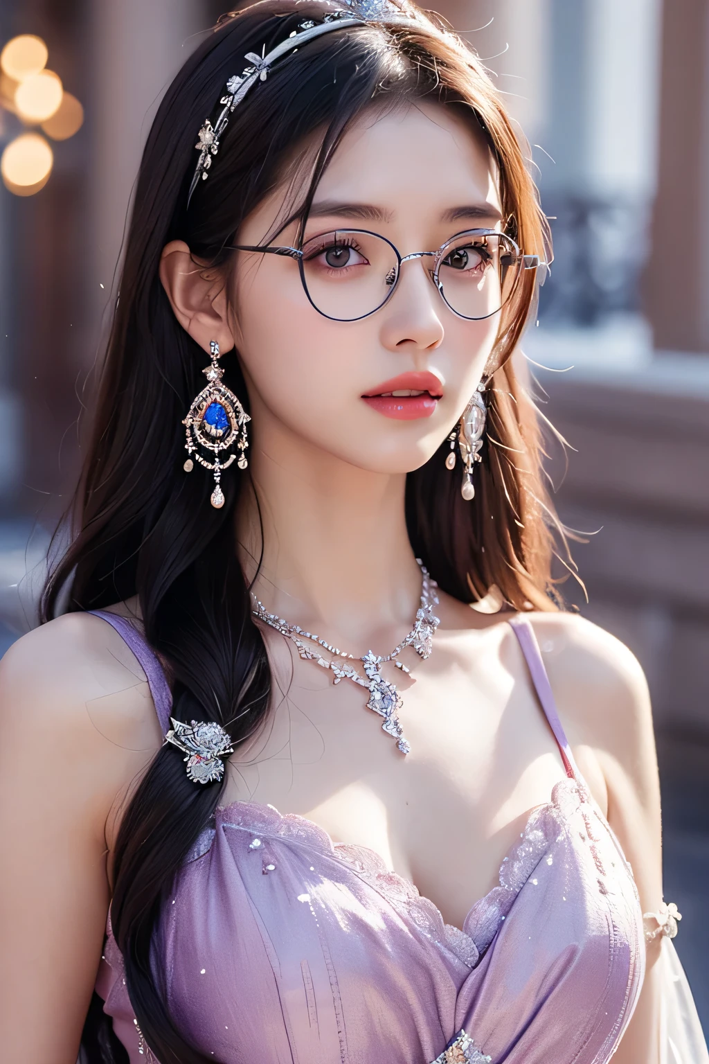 Top CG, Highest image quality, masterpiece, Gentle and beautiful girl, (185cm美女), (fit), Imperial sister, Queen temperament, White skin, ((Long legs)), perfect facial features, Bright Eyes, Seductive pose, Red lips, Beautiful and cold (A major breakthrough)), Beautiful and heroic, Soft and long hair, Glittering, Lace, net, Visible through clear skin, wear glasses, diamond earrings, ruby neckLace, (Purple dress), 8K Image Quality, (Realistic Portraits), Characters fill the screen, (Facial lighting), ((eternal)
