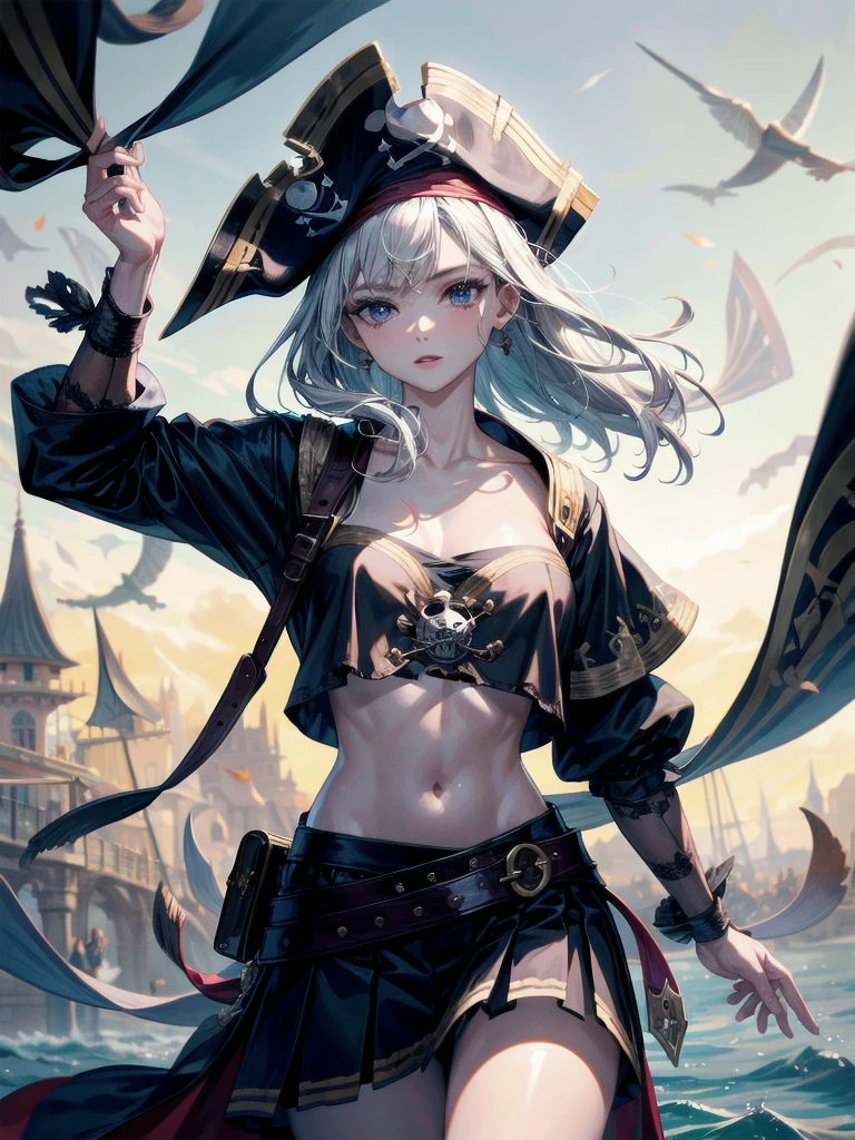 (Practical pirate clothing), Long-sleeved pirate top, Skirt, torn pirate hat, absurdres, RAW photo, extremely delicate and beautiful, masterpiece, Best Quality, ultra high resolution, 32k, hyperrealistic, ultra-detailed, detailed description, pale skin, 20 years old, tearful mole, earring, big tits, short medium hair, wavy hair, whole body shot,