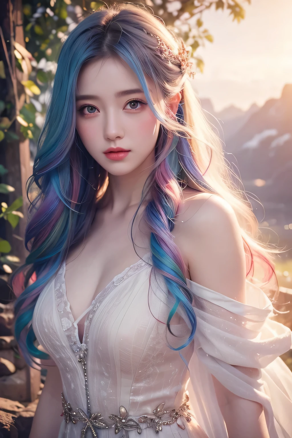 A sultry 27-year-old woman with piercing blue eyes and luscious locks gazes directly into the camera lens, her full lips slightly upturned in a mischievous grin. Close-up portrait of a young woman with vibrant, blowing hair and mesmerizing eyes, posing in mid-flight amidst a serene garden filled with blooming flowers under soft, cinematic lighting, capturing charming, cute, and beautiful expression shining like a sunset amidst a rainbowish aura ((holographic)). Her flowing dress made of ultra-detailed petals appears to dance across her figure as she takes flight, set against a lush backdrop of colorful blooms.