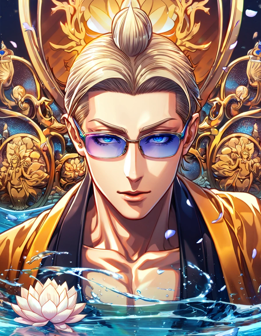 absurdres, highres, ultra detailed, HDR, master piece, best quality, perfect face, beautiful eyes, Buddha Gautama, ash-blonde hair, expressive blue eyes, sunglasses, Shuumatsu No Valkyrie, solo, sexy man, handsome, robes, water, lotus, petals