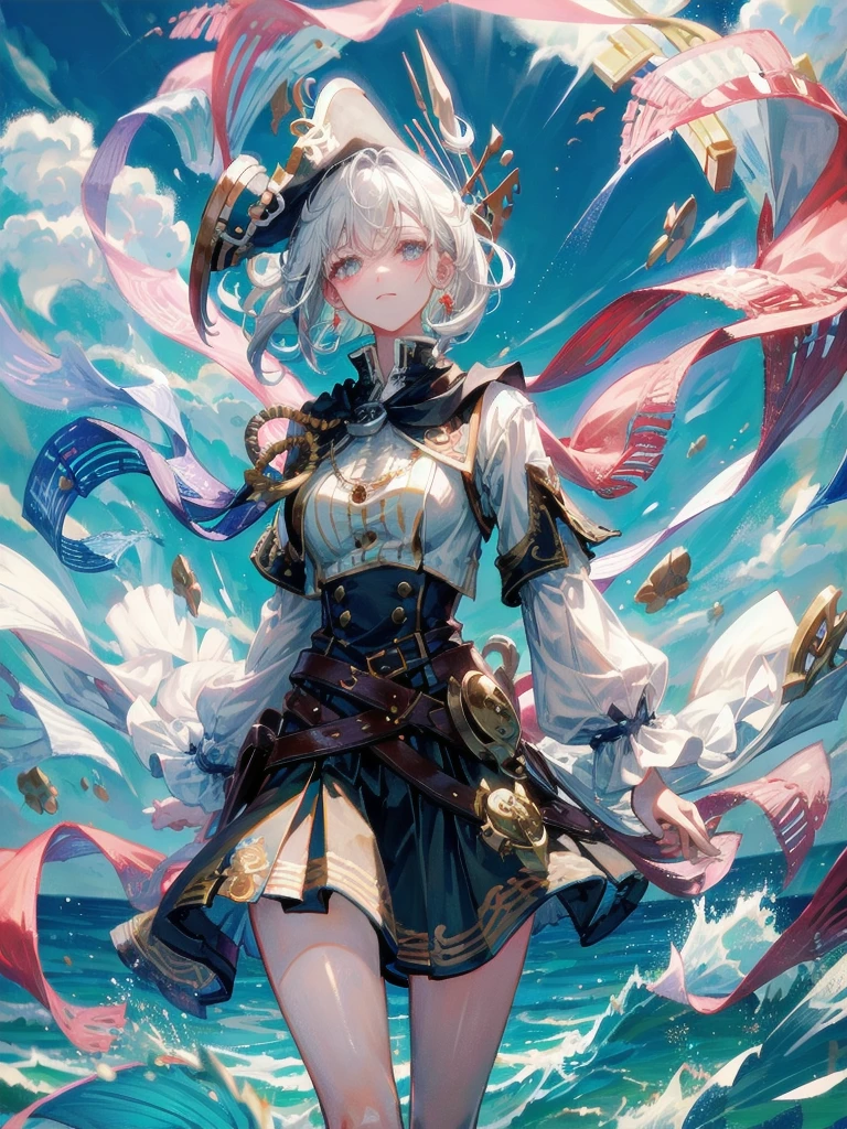 (Practical pirate clothing), Long-sleeved pirate top, Skirt, torn pirate hat, absurdres, RAW photo, extremely delicate and beautiful, masterpiece, Best Quality, ultra high resolution, 32k, hyperrealistic, ultra-detailed, detailed description, pale skin, 20 years old, tearful mole, earring, big tits, short medium hair, wavy hair, whole body shot,