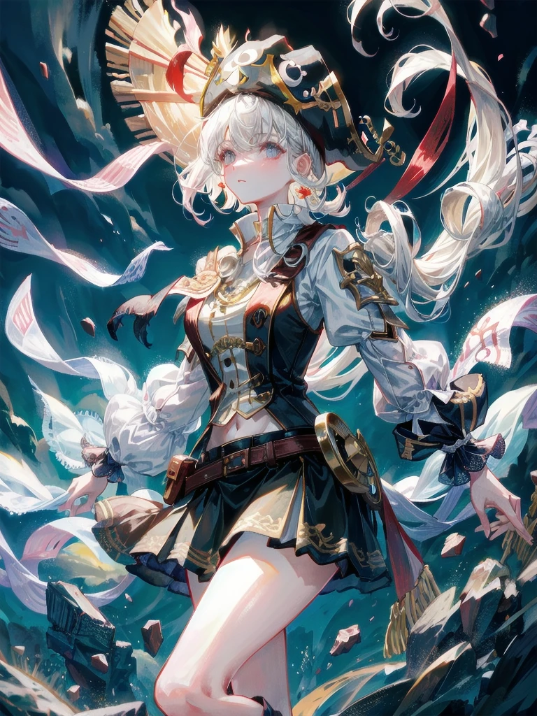 (Practical pirate clothing), Long-sleeved pirate top, Skirt, torn pirate hat, absurdres, RAW photo, extremely delicate and beautiful, masterpiece, Best Quality, ultra high resolution, 32k, hyperrealistic, ultra-detailed, detailed description, pale skin, 20 years old, tearful mole, earring, big tits, short medium hair, wavy hair, whole body shot,