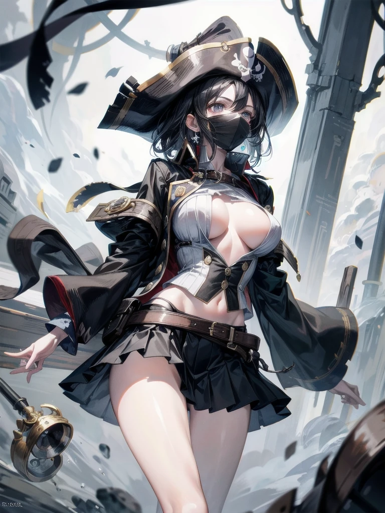 (Practical pirate clothing), Long-sleeved pirate top, Skirt, torn pirate hat, absurdres, RAW photo, extremely delicate and beautiful, masterpiece, Best Quality, ultra high resolution, 32k, hyperrealistic, ultra-detailed, detailed description, pale skin, 20 years old, tearful mole, earring, big tits, short medium hair, wavy hair, whole body shot,