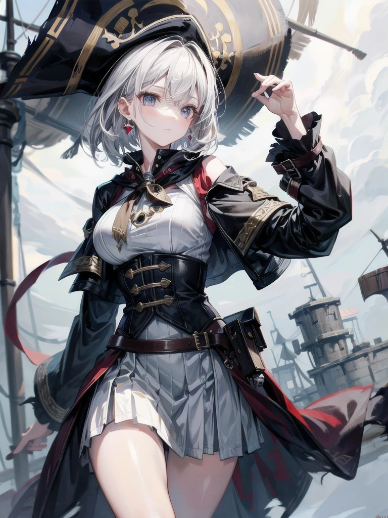 absurdres, RAW photo, extremely delicate and beautiful, masterpiece, Best Quality, ultra high resolution, 32k, hyperrealistic, ultra-detailed, perfect figure, detailed description, pale skin, 20 years old, detailed beautiful face and eyes, tearful mole, earring, short medium hair, wavy hair, full body, a heavily armored pirate, pirate captain, detailed metal armor, intricate pirate clothing, bold colors, highly detailed metal textures, holding a massive anchor,