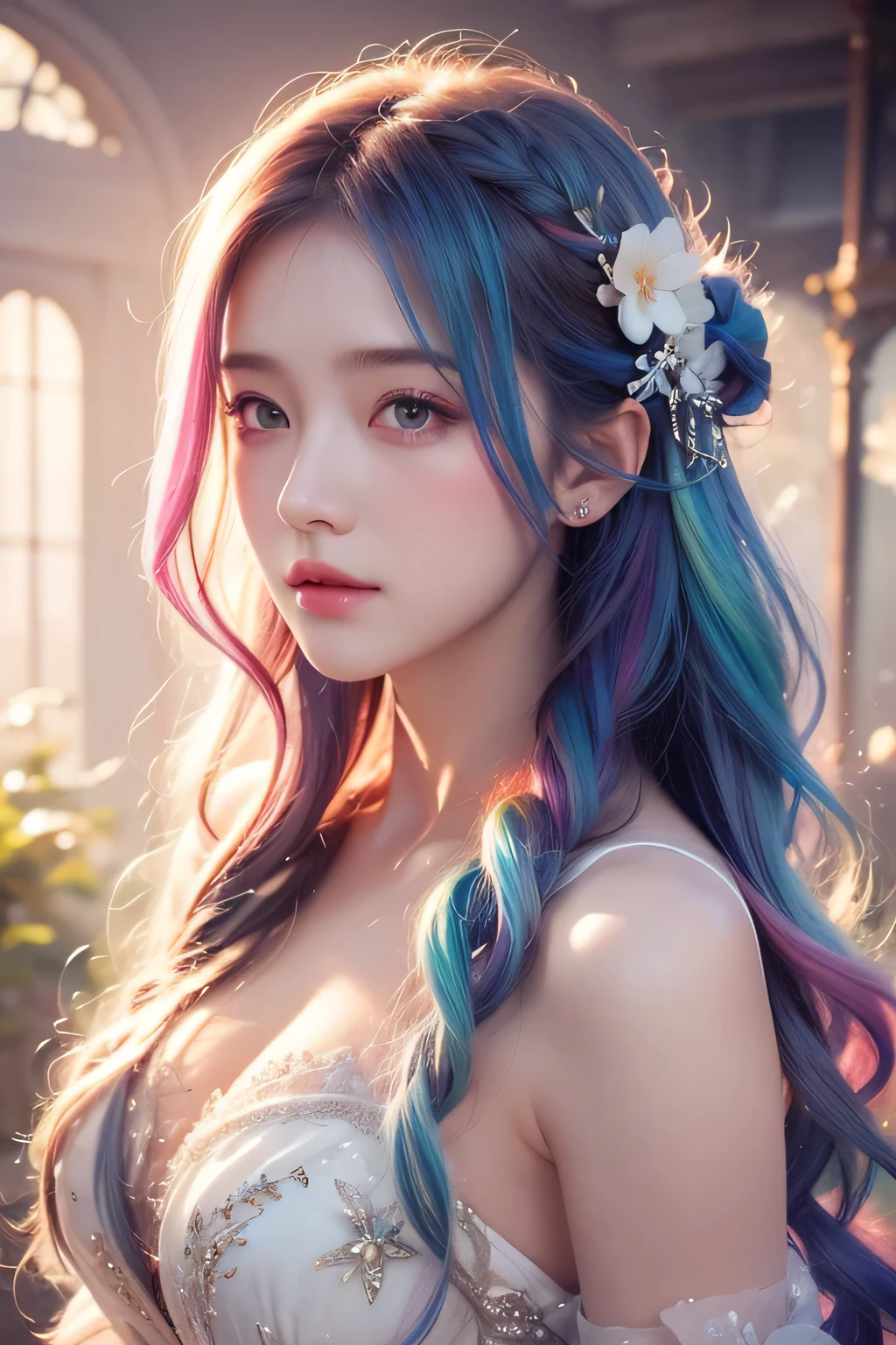 a girl，rainbow colored hair，Romanticized nature，curls，A dreamlike realm，light white and light red，Very good atmosphere，exquisite，CG rendering，Detailed rendering