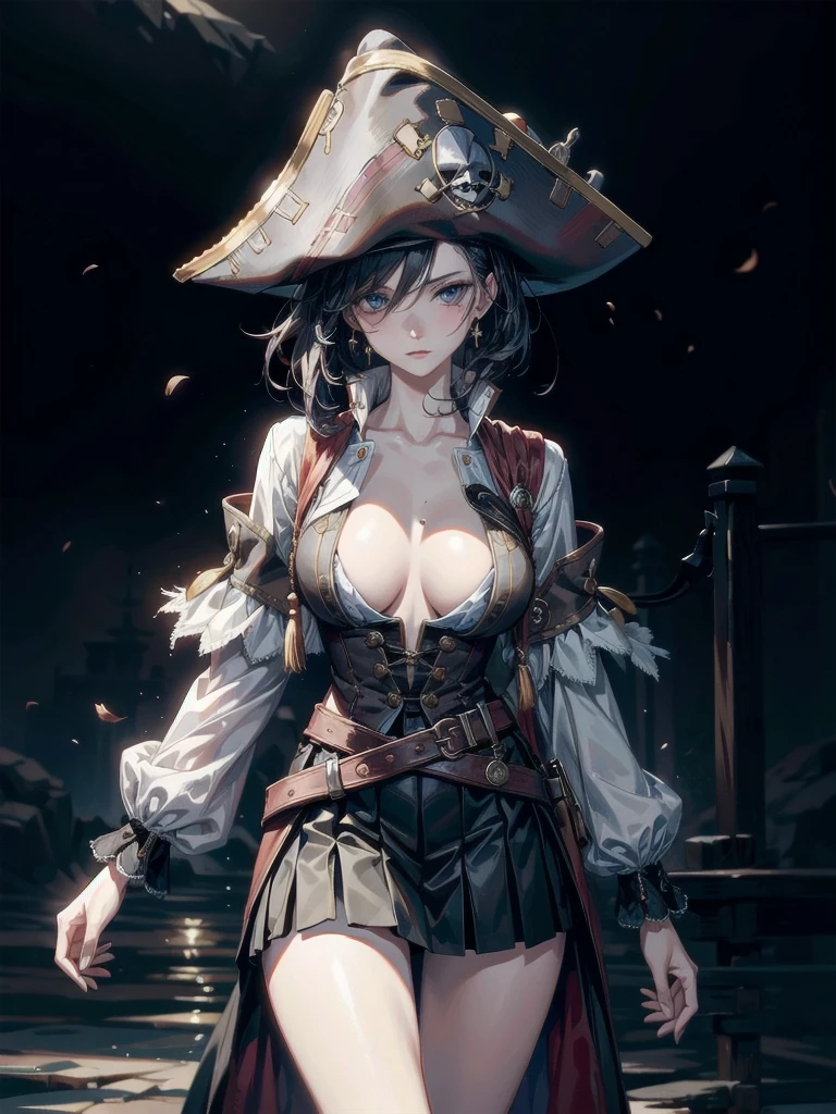 (Practical pirate clothing), Long-sleeved pirate top, Skirt, torn pirate hat, absurdres, RAW photo, extremely delicate and beautiful, masterpiece, Best Quality, ultra high resolution, 32k, hyperrealistic, ultra-detailed, detailed description, pale skin, 20 years old, tearful mole, earring, big tits, short medium hair, wavy hair, whole body shot,