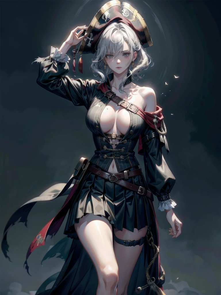 (Practical pirate clothing), Long-sleeved pirate top, Skirt, torn pirate hat, absurdres, RAW photo, extremely delicate and beautiful, masterpiece, Best Quality, ultra high resolution, 32k, hyperrealistic, ultra-detailed, detailed description, pale skin, 20 years old, tearful mole, earring, big tits, short medium hair, wavy hair, whole body shot,