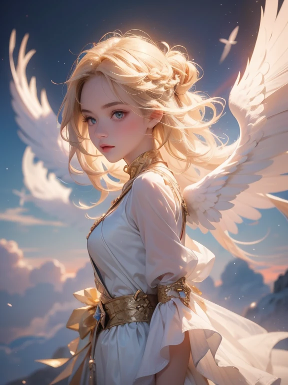 masterpiece, highest quality, Very detailed, 16k, Ultra-high resolution, Cowboy Shot, One , Detailed face, Perfect Fingers, Angel halo on head, Golden Eyes, Blonde, Braid, Thin and light clothing, Angel wings growing on the back, Above the Clouds, temple, Fantastic landscape, Flying on angel wings