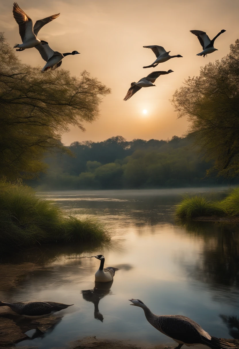 The geese fly long and fast,Ichthyosaur diving into water。Last night, the dream pond fell,。Spring water in the river