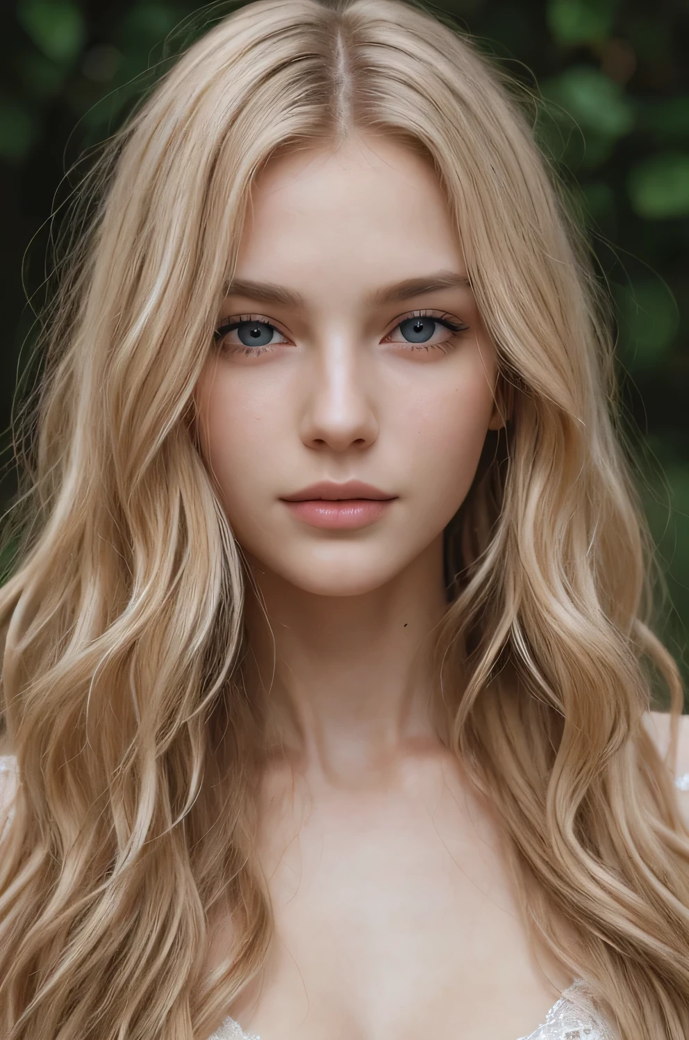 Photo of a European girl, raw, Beautiful woman, (Extra long wavy blonde hair), , ((Detailed face:1.2)), ((detailed facial features)), (finely detailed skin), pale skin,