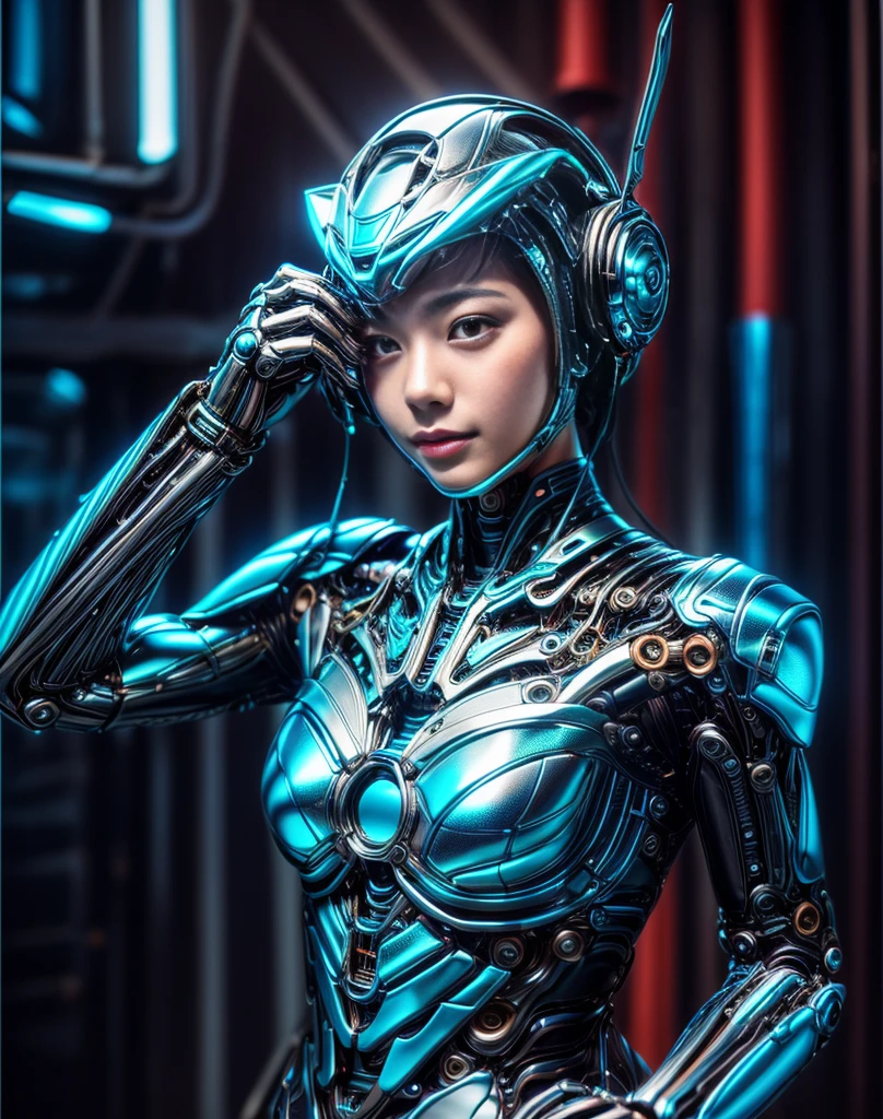 (highest quality:1.2), 8k, High resolution, Octane Rendering, (masterpiece), Very detailed, Japanese woman turned into a cyborg, Very super cute face, , Skinny body, Flat Chest,  (Blue metallic mechanical frame:1.5), (Power cables are connected all over the body), detail up, Instead of hair, A cable extends from it, Mechanical fusion, Machine skeleton, Biomechanics, mechanical life form, Very intricate details, Extremely realistic texture, Human-like skin, Realistic hair, ultra Realistic details, Professional Lighting, (Realistic:1.4), (RAW Photos:1.2), (photoRealistic:1.37)