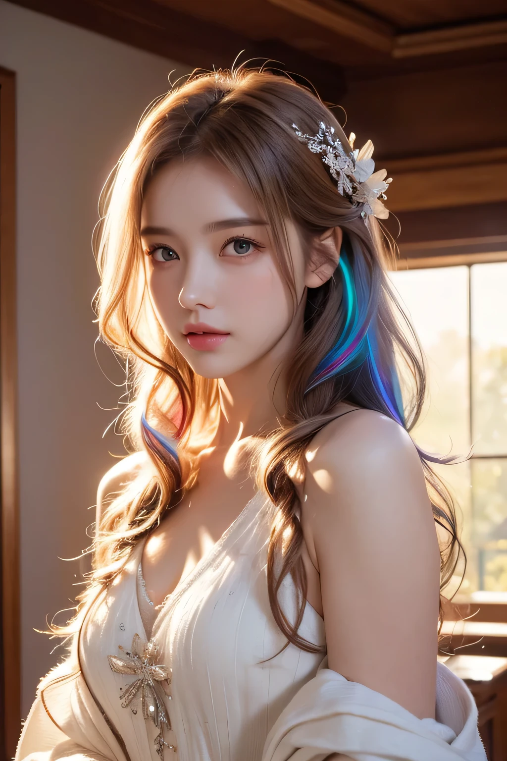 High-quality work，Realistic works，Super premium graphics，8K HD CG works，high quality graphics，High-definition and exquisite CG works，10x pixels，Ultra-fine details：1.1，Advanced technical details：1.1Realistic photo effects，Interior lighting effects：1.5，natural soft light：1.5. Light effect（Virtual light effects：1.8），ultra high resolution a girl，rainbow colored hair，Romanticized nature，curls，A dreamlike realm，light white and light red，Very good atmosphere，exquisite，CG rendering，Detailed rendering
