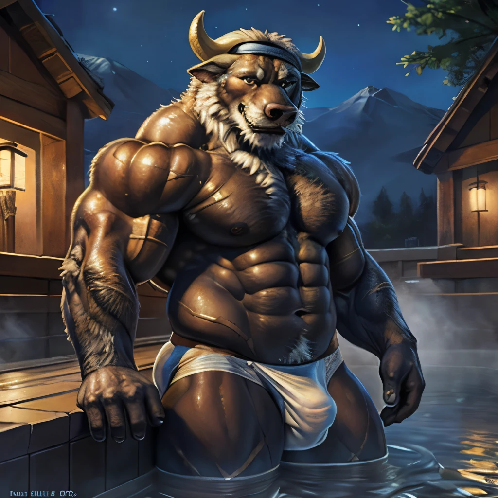 Ahab \(tokyo_afterschool_summoner\), seductive smug face, brown body, bodybuilder, headband, topless, muscular male, muscular, detailed muscles, detailed fur, bright fur, bright body, night, detailed face, high detailed, high resolution, underwear, high quality, detailed eyes, detailed background, thermal baths background, detailed muscular abs, huge muscular pecs, huge muscular biceps, thick muscular thighs, anthro, loincloth, male, full portrait, by bomb, by chunie, by bruteandbrawn, by personalami, by kenket, (intricate, high detail, film photography, soft focus, RAW candid cinema, photorealism, realistic, photorealistic, analog style, subsurface scattering, masterpiece, best quality, ultra realistic, 8k)