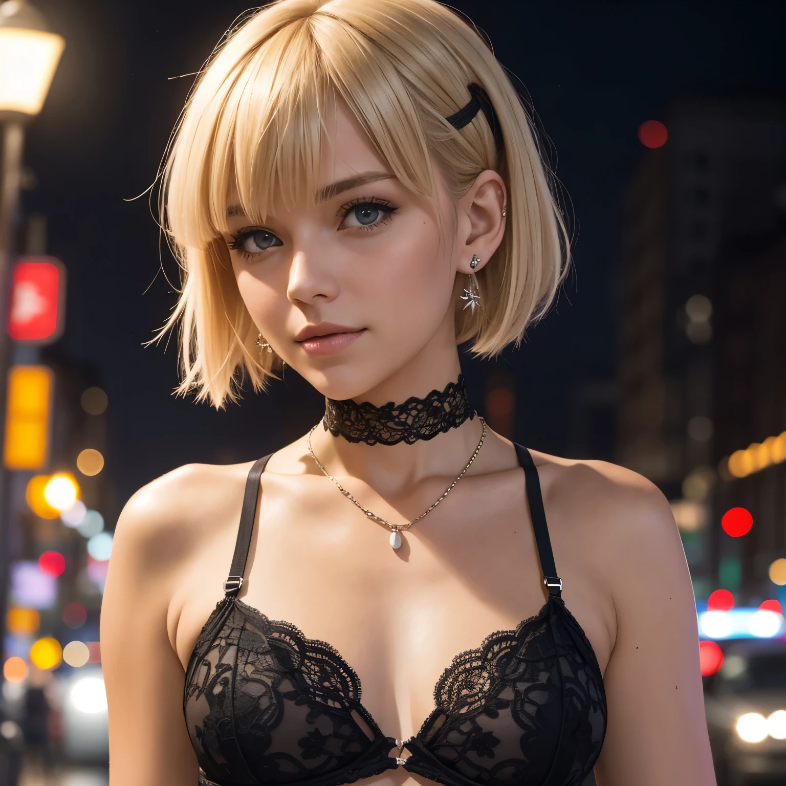 portrait of a blond girl, short hair with bangs and pigtails, black lace lingerie, necklace, bracelet, earrings, choker, walking in a city street, at night