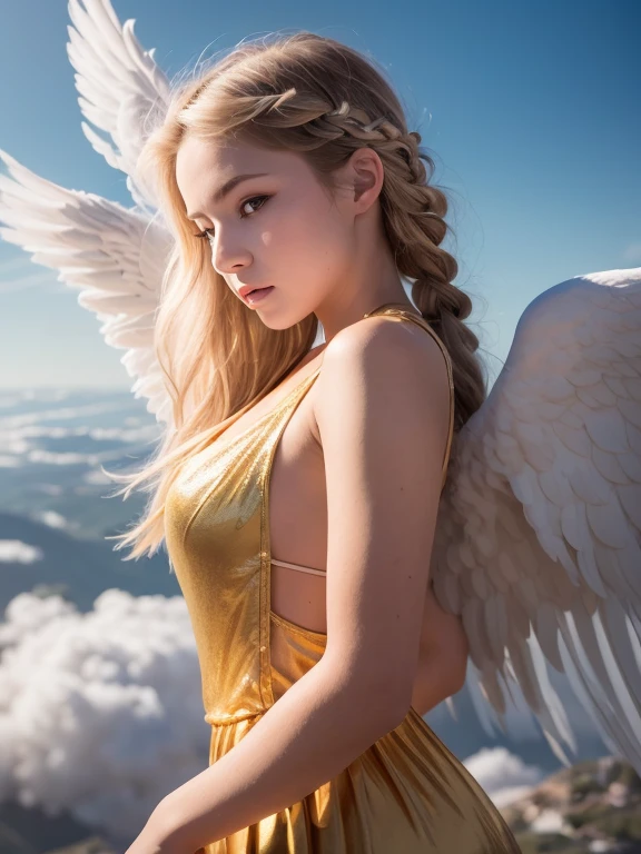 masterpiece, highest quality, Very detailed, 16k, Ultra-high resolution, Cowboy Shot, One ****************, Detailed face, Perfect Fingers, Angel halo on head, Golden Eyes, Blonde, Braid, Thin and light clothing, Angel wings growing on the back, Above the Clouds, temple, Fantastic landscape, Flying on angel wings