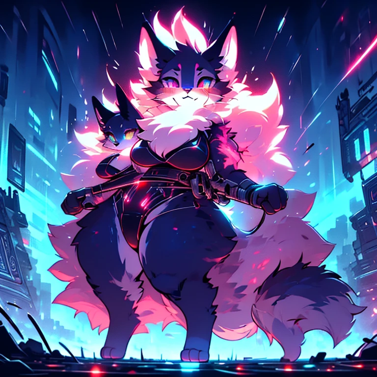 any outfit, any pose, cat, any fur color, any fur pattern, any eye color, and pupil color and shape, ruined and abandoned city, looking at user, any view, any place, full body, massive breasts and hips, undersized or oversized outfit, armed or unarmed, doing anything, tall, adult, full face blush, glowing eyes, any weapon, athletic, headphones [any color], ammo belt, night, rooftop or ground, any expression, doing anything, run-down scifi billboards, 3 girls, fluffy tail, massive butt, outfit tearing, naked, scifi