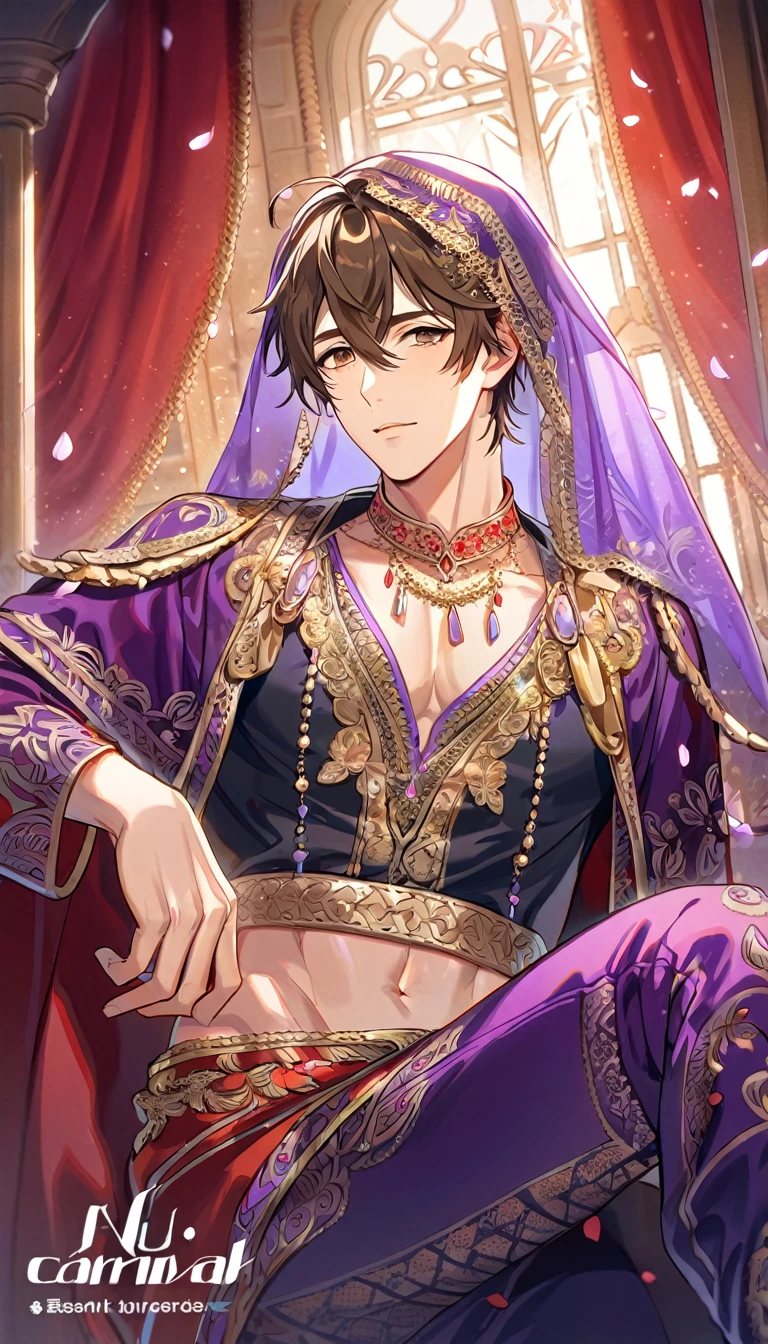absurdres, highres, ultra detailed, HDR, master piece, best quality, perfect face, beautiful eyes, delicate features, Eiden, brown hair, expressive brown eyes, Nu Carnival, solo, y man, handsome, bedlah clothes, purple veil, window, castle, red curtains, petals, chandelier 