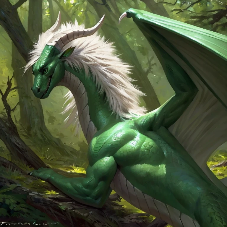 Detailed painting, by Taran Fiddler, solo, dragon, full body, feral, forest, dragoness, gentle, shimmering green scales, slender body, ((long snout)), curved horns, long straight white mane, wings, deep green eyes