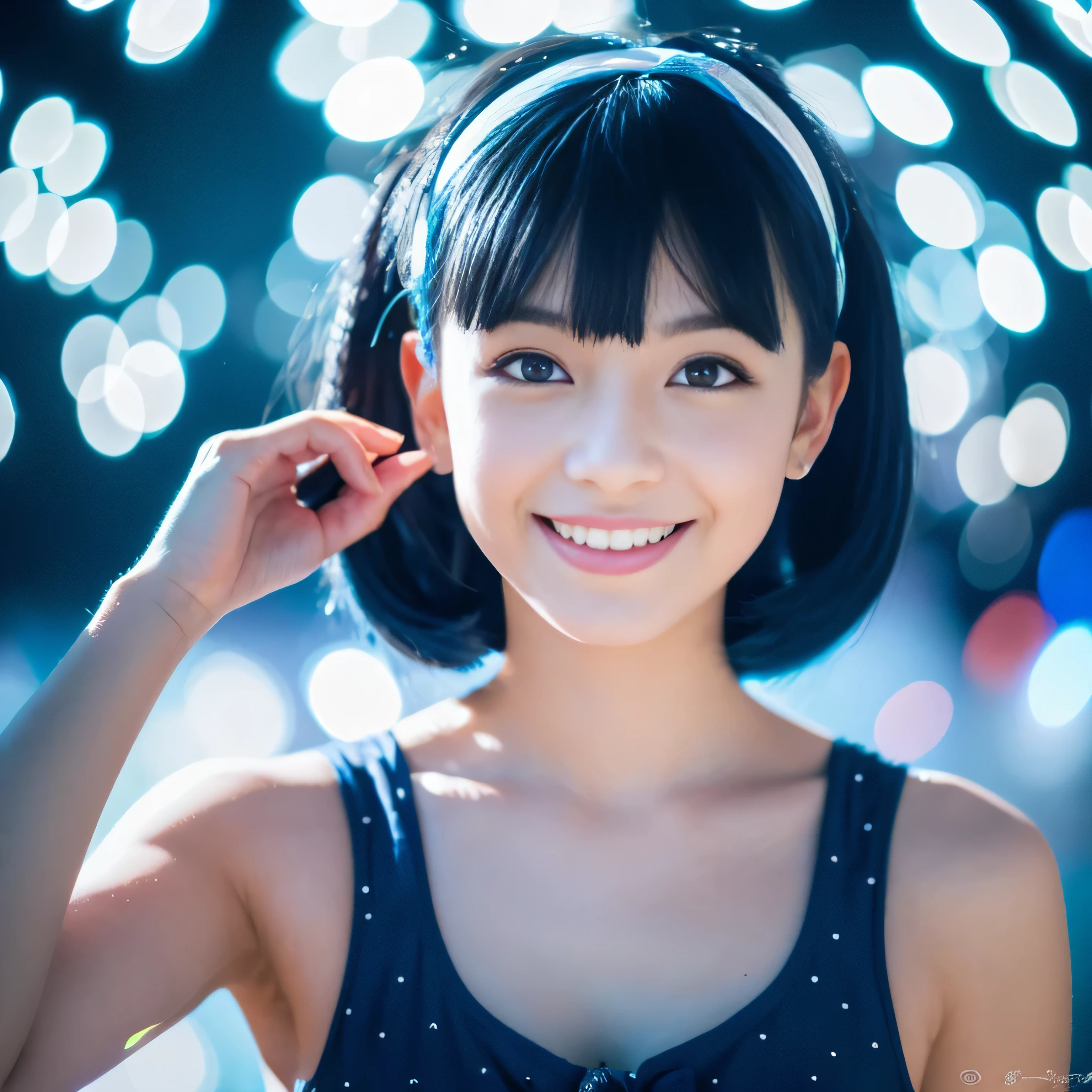 1girl, solo, black hair, hair bobbles, longeyelashes, light smile, light blue hair, mole under eye, pointy ears, Surrealism, drop shadow, anaglyph, stereogram, pov, atmospheric perspective, 8k, super detail, ccurate, best quality, (portrait of upper body)