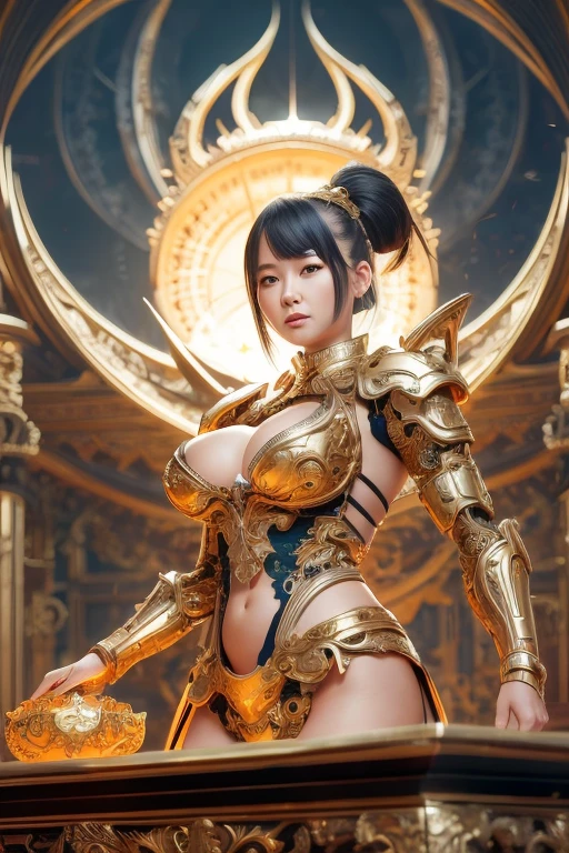 beautiful japanese mature woman, solo angel, wearing cyborg armor, , short hair, (firm big breast, ample cleavage, bare navel) , golden aura, empress, octane render, table shots, surround by flames, fire background 