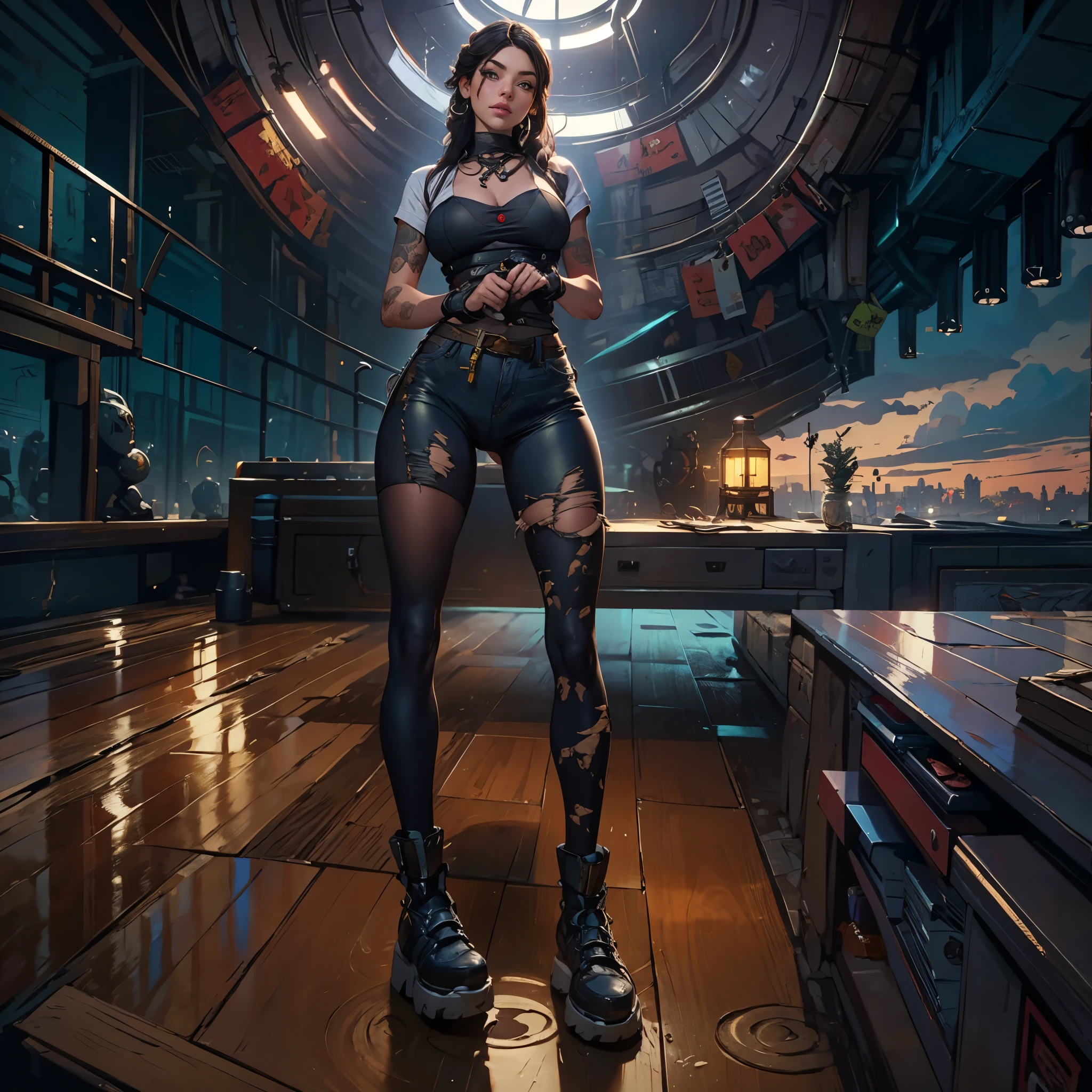 2076 ano. n.UH. The Urban Ruins of the Wasteland, Female hunter picking fruits in the garden, rosto bonito, camisa rasgada e shorts jeans ,  pernas longas, suando, sol nascendo, nice warm colors, full-body shot from head to toe