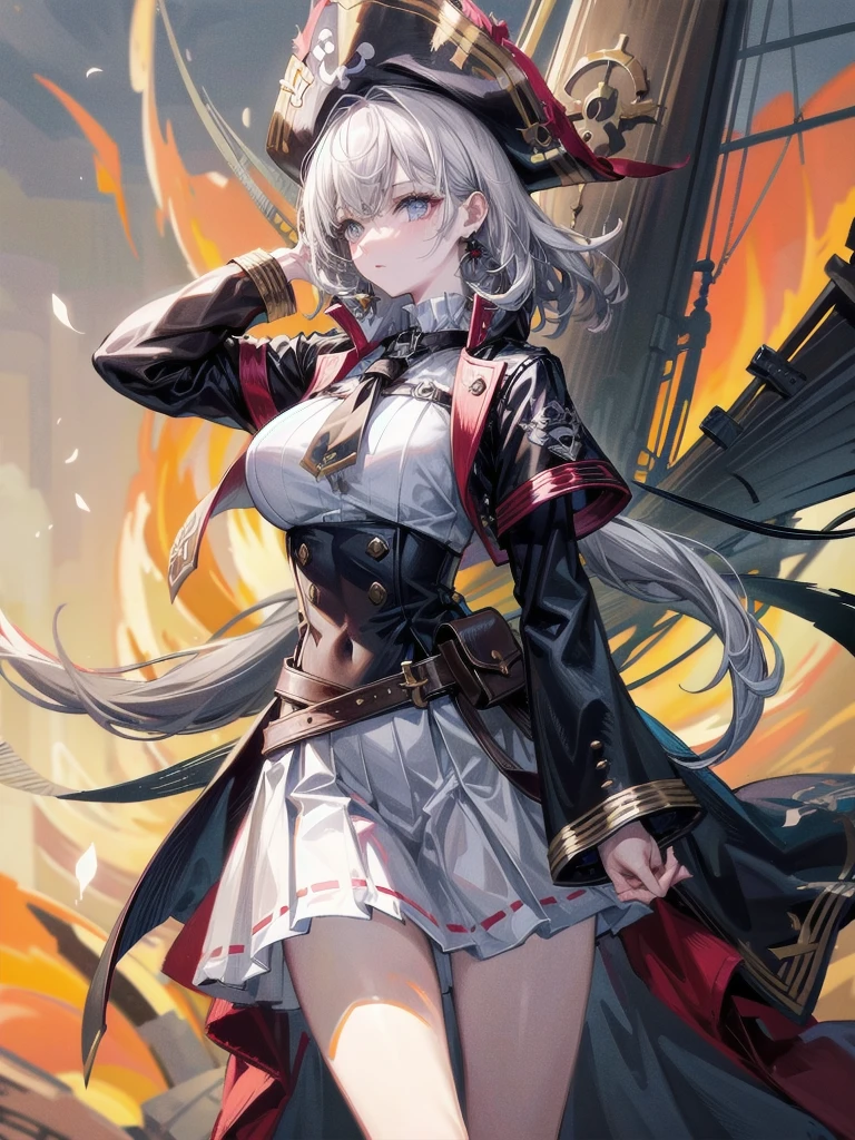 (Practical pirate clothing), Long-sleeved pirate top, Skirt, torn pirate hat, absurdres, RAW photo, extremely delicate and beautiful, masterpiece, Best Quality, ultra high resolution, 32k, hyperrealistic, ultra-detailed, detailed description, pale skin, 20 years old, tearful mole, earring, big tits, short medium hair, wavy hair, whole body shot,