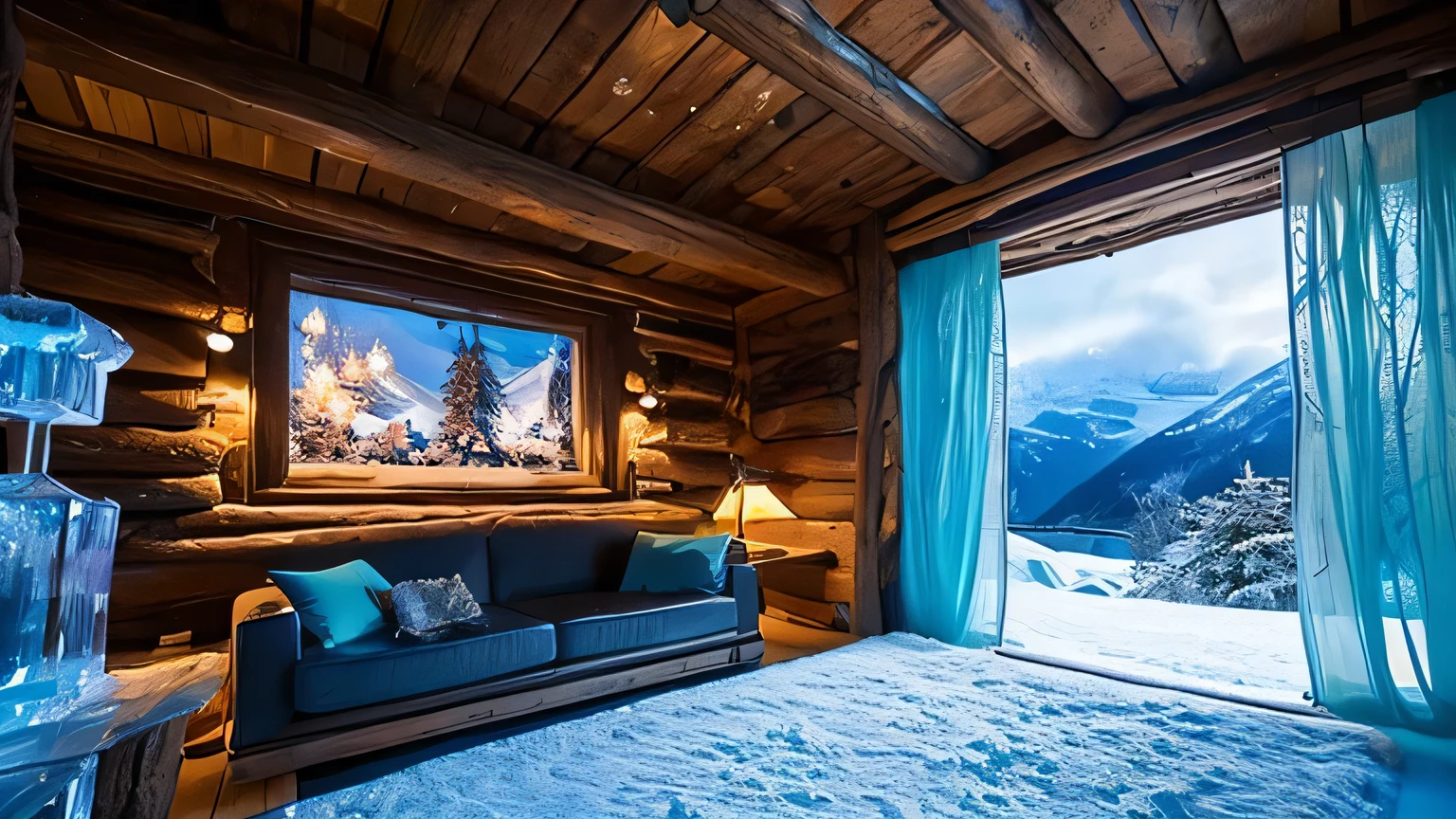 Ice palace: glacier Ice cave office,

Location: Swiss Alps,
Suite: grotto decorated with ice sculptures and crystals,
Views: blue-tinged glacier views, magical space with glistening icicles,
Equipment: wood-burning stove, hot chocolate pot, reading lamp, 
sofa, coffee,