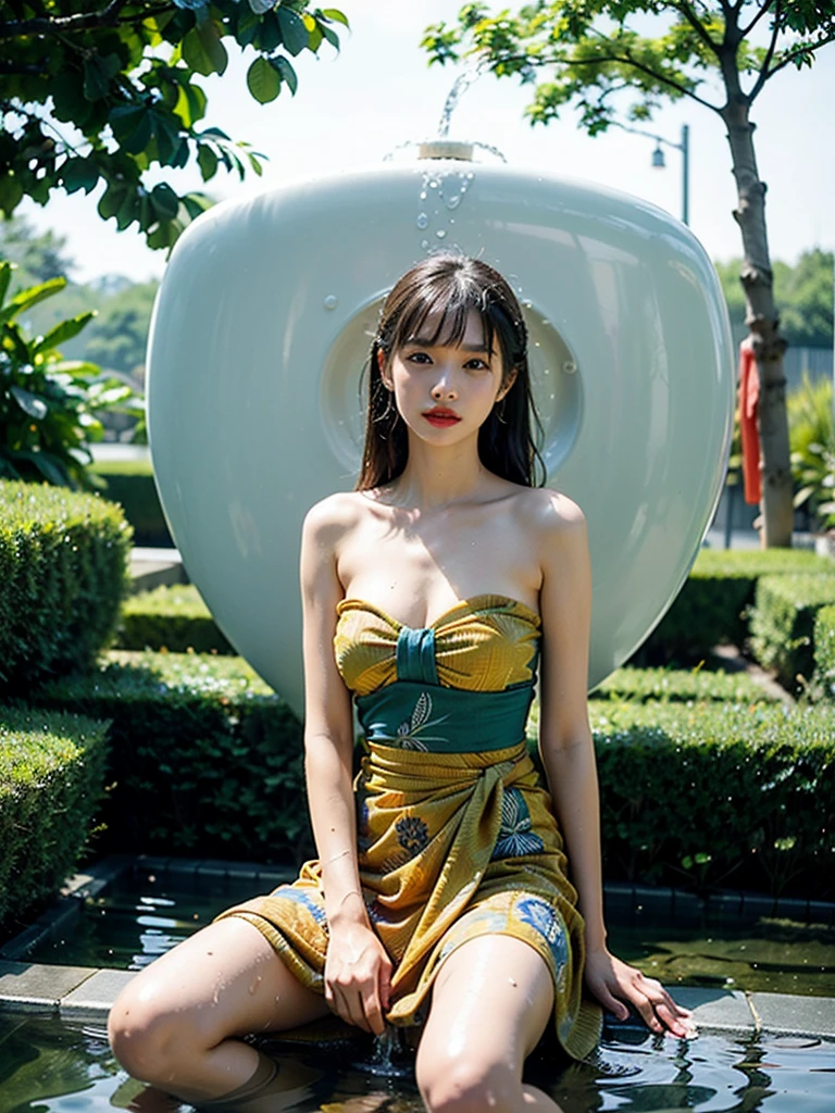 top Quority,Ultra-clear resolution, ((Chinese artist Girls. Zhao Lusi)). Long brown hair Bangs Bangs, Make-up face. red lipstick. ((Wet Strapless tube batik sarong dress)), heavy rain. erotic sit down. heavy rain. water fountain in the garden