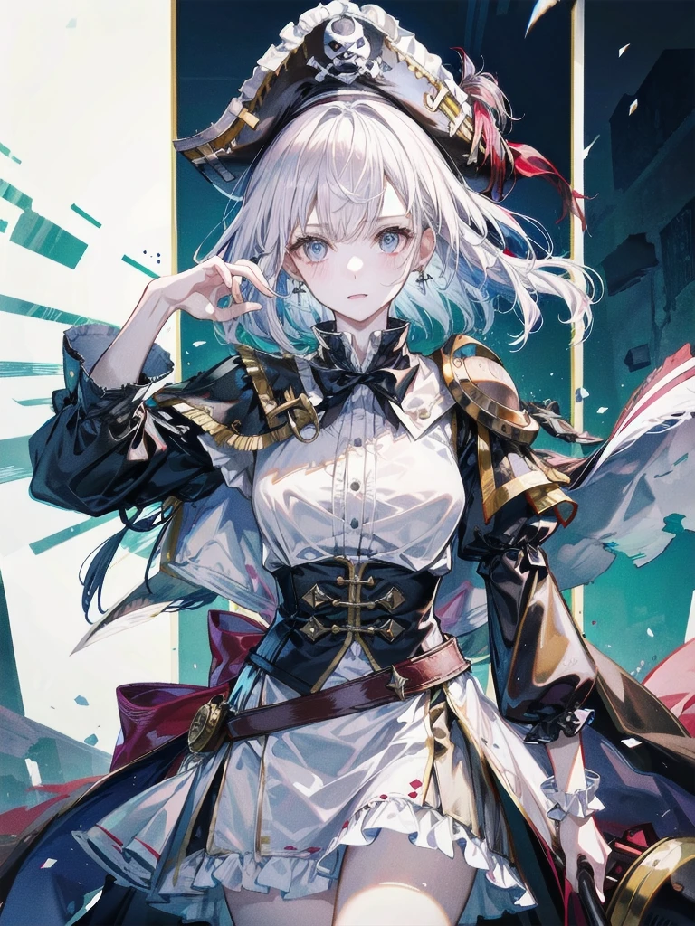 (Practical pirate clothing), Long-sleeved pirate top, Skirt, torn pirate hat, absurdres, RAW photo, extremely delicate and beautiful, masterpiece, Best Quality, ultra high resolution, 32k, hyperrealistic, ultra-detailed, detailed description, pale skin, 20 years old, tearful mole, earring, big tits, short medium hair, wavy hair, whole body shot,