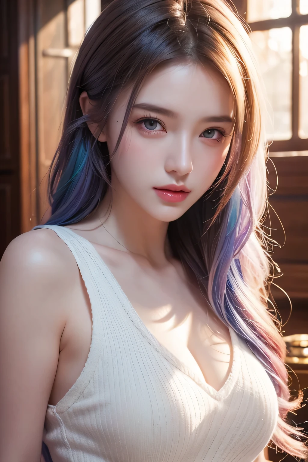 High-quality work，Realistic works，Super premium graphics，8K HD CG works，high quality graphics，High-definition and exquisite CG works，10x pixels，Ultra-fine details：1.1，Advanced technical details：1.1Realistic photo effects，Interior lighting effects：1.5，natural soft light：1.5. Light effect（Virtual light effects：1.8），ultra high resolution a girl，rainbow colored hair，Romanticized nature，curls，A dreamlike realm，light white and light red，Very good atmosphere，exquisite，CG rendering，Detailed rendering
