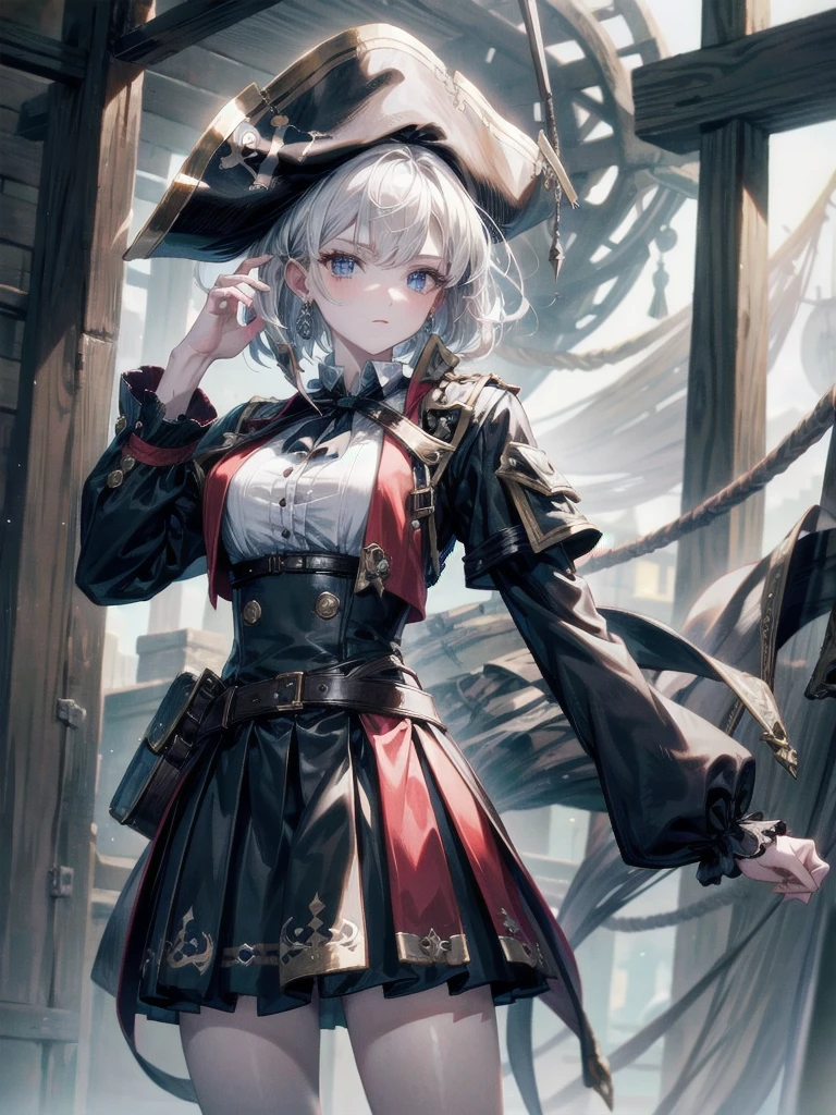 (Practical pirate clothing), Long-sleeved pirate top, Skirt, torn pirate hat, absurdres, RAW photo, extremely delicate and beautiful, masterpiece, Best Quality, ultra high resolution, 32k, hyperrealistic, ultra-detailed, detailed description, pale skin, 20 years old, tearful mole, earring, big tits, short medium hair, wavy hair, whole body shot,