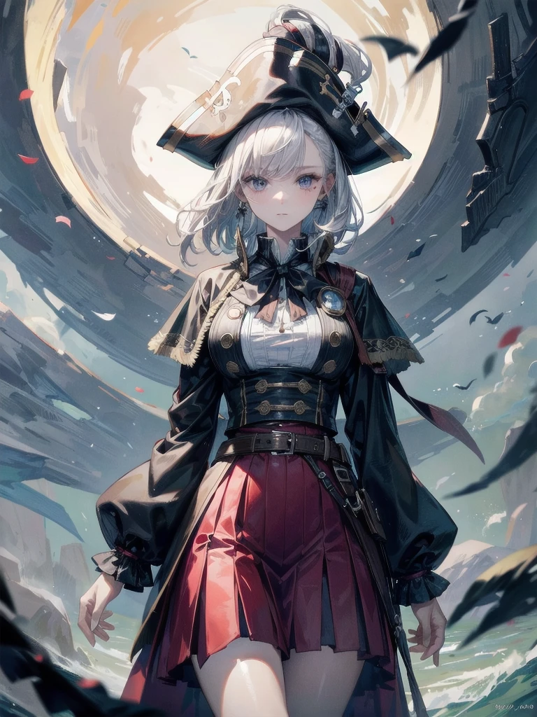 (Practical pirate clothing), Long-sleeved pirate top, Skirt, torn pirate hat, absurdres, RAW photo, extremely delicate and beautiful, masterpiece, Best Quality, ultra high resolution, 32k, hyperrealistic, ultra-detailed, detailed description, pale skin, 20 years old, tearful mole, earring, big tits, short medium hair, wavy hair, whole body shot,