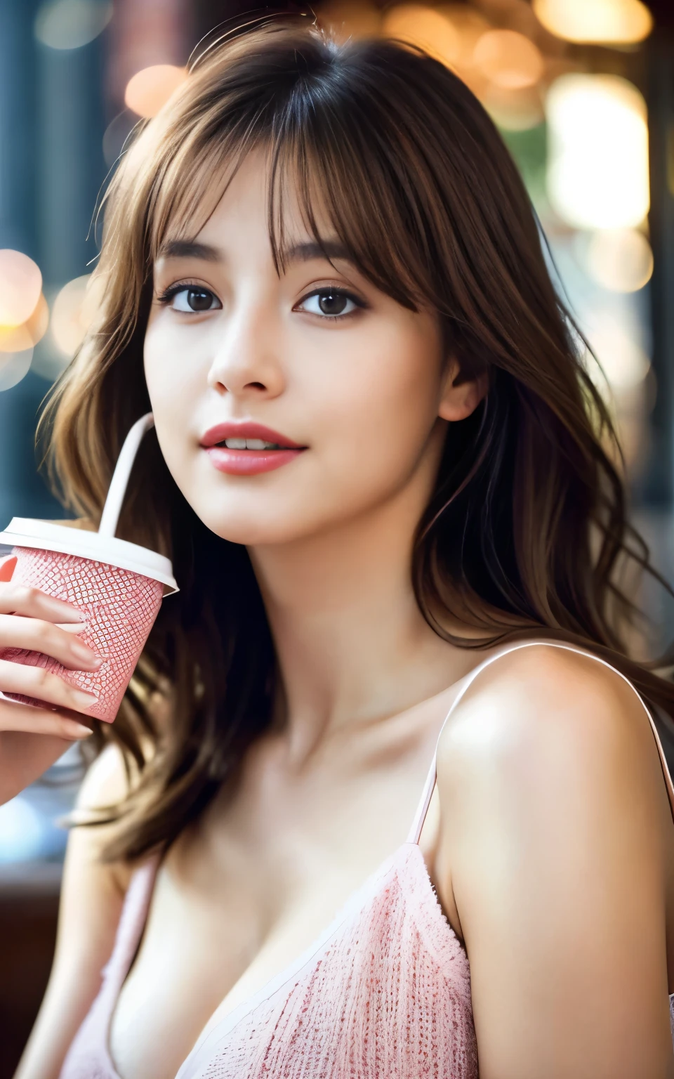 Beautiful blonde in pink sweater (Drinking coffee in a modern cafe at sunset), Very detailed, 21 years old, Innocent face, Natural wavy hair, blue eyes, high resolution, masterpiece, best quality, Intricate details, Very detailed, Clear focus, Delicate skin, Practical skin texture, texture, Delicate eyes, professional, 4K, Charming smile, Shooting with Canon, 85 mm, Shallow and deep,  Kodak Vision Color, Perfect fit, Extremely detailed, photo_\(extremist\), photoPractical, Practical, Post-Processing, Maximum details, Roughness, real life, extremist Practical, Photorealism, photography, 8K Ultra HD, photography, (highest quality、table top、8k、best image quality、Award-winning work)、no sleeve, (red eyeshadow:1.2)、perfect makeup、long eyelashes、Super high-definition sparkling eyes、ultra high definition hair、ultra high resolution glossy lips、Super high resolution perfect teeth、Super high resolution cute face、brown hair、(very short straight hair:1.1)、look at me and smile、[clavicle]、accurate anatomy、With bangs、Super high resolutio n glowing skin、most detailed face、Ultra high resolution detailed faces、ultra high resolution hair、Fashion model 25 years old, [[[[chest]]]], [[[[neck]]], [shoulders]]]]], Perfect eyes, Perfect iris, Perfect lips, Perfect teeth, Perfect skin, Soft front light, Glow, HDR, (Soft color: 1.2), Best quality, masterpiece, ultra high res, (photorealistic:1.37), raw photo, 1girl, long hair, beautifull eyes, beautifull face, detailed eyes and face, t-shirt, dynamic lighting, in the dark, table top, highest quality, realistic, Super detailed, finely, High resolution, 8k wallpaper, 1 beautiful woman, light brown messy hair, Realistic, High Resolution, [[[ Only one girl ]]]], Wavy black hair, Blue eyes, Stylish tank top, full body, Big breasts, Cleavage, Sitting on chair, Pose random, 8K, Very detailed, High Resolution, Facing camera ( One woman), One woman, (Very realistic, High Resolution), ( Very Detailed Eyes, Very Detailed Hair, Very Detailed Face, Very De