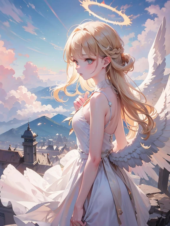 masterpiece, highest quality, Very detailed, 16k, Ultra-high resolution, Cowboy Shot, One 12-year-old girl, Detailed face, Perfect Fingers, Angel halo on head, Golden Eyes, Blonde, Braid, Thin and light clothing, Angel wings growing on the back, Above the Clouds, temple, Fantastic landscape, Flying on angel wings