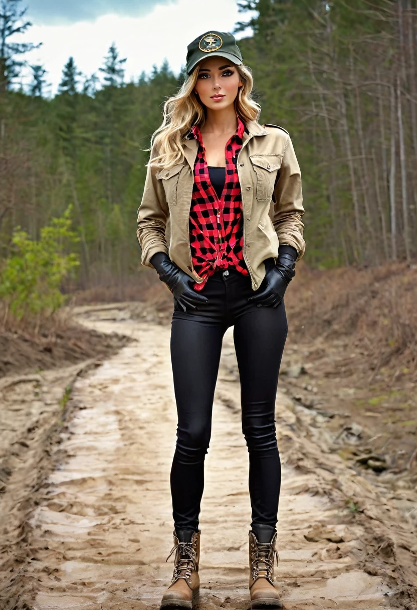 (Slim sexy body girl, long legs, tanned skin), (open khaki military long sleeves jacket), (washed-out black high-rise long tight jeggings:1.5), (tight red checkered shirt with cleavage), (hiking boots), (baseball cap), (leather gloves). photorealist. (legs spread wide showing crotch), (Sunny day), (post-apocalyptic landscape) (sitting in mud).