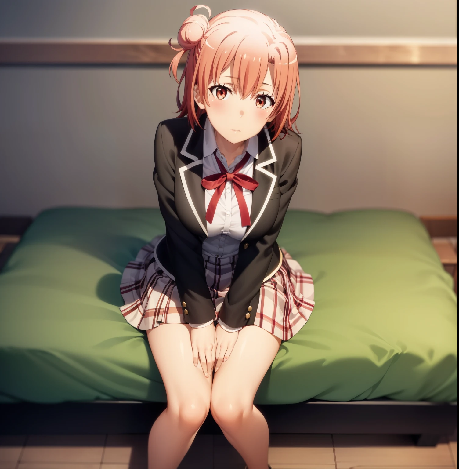 1girl, alone,Yuigahama Yui, short hair, (brown eyes), (orange hair),  single bun hair, , skirt, shirt, ribbon, , Jacket, white shirt, black Jacket, blazer, sobu high ,  looking at viewer,from the front, pov (from below),full body ,  (masterpiece:1.2), highest quality, High resolution, unity 8k wallpaper, (figure:0.8), (beautiful and fine eyes), highly detailed face, perfect lighting, Very detailed CG, (perfect hands, perfect anatomy),shy,  blush, 
(large breasts),  sitting on bed,  bedroom, 